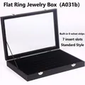 Close-up of black velvet jewelry box with 7 ring slots and clear glass dust cover - Black Leather Black Velvet Ring Jewelry Box (A031b)