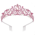 Pink rhinestone bridal tiara with silver alloy base and heart-shaped center stone - Silver + Full Pink Rhinestones