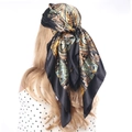 Satin silk scarf with gold paisley pattern on black base worn as an elegant headscarf - 90*90cm / Classic Black