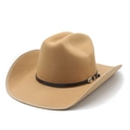 Detail of khaki felt cowboy hat featuring dark brown leather band and silver metal buckle - M (56-58cm) / Camel