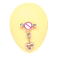 Macro view of stainless steel nipple barbell with crystal double heart pendant - Double Heart Interlocked Style (NPR231124006)