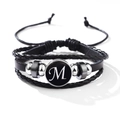 Men's multilayer black leather bracelet with silver metal beads and initial M charm - Letter-M