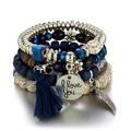 Bohemian multi-layer beaded bracelet set with blue crystals and silver wing charms - Ink Blue