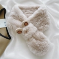 Detail of beige faux fur scarf with cute teddy bear loop fastener on white silk - Rice Camel