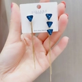 Elegant gold chain tassel earrings with dark blue triangle crystals and S925 silver needles - Blue Crystal Long Tassel Earrings (Silver Earring Post) BAOT182