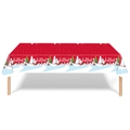 Detail of red Christmas tablecloth featuring Santa, snowmen, and white polka dots pattern - Christmas Theme Tablecloth