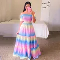 Rainbow gradient off-shoulder maxi dress with a smocked bodice and tiered ruffle skirt - S / Dresses / Gradient