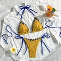 Yellow ribbed bikini set with blue straps in a summer flat lay arrangement - S / Ginger Yellow