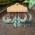 3-piece vintage bohemian earrings set in antique bronze finish with turquoise accents - Fan-shaped Feather Moon Tassel Style (S1351)