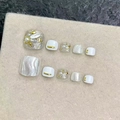 Handmade white press-on toenails with silver glitter, pearls and gold metallic accents - Small (S) / Pearl Glitter White Style (B66)
