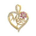 Macro shot of heart-shaped gold pendant with pink flower and Mom engraving with zircons - 03-Mom Heart