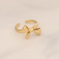 Detailed view of adjustable golden bow ring with polished metallic finish on marble background - Bowknot Open Style (23#)