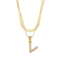 Gold double-layer necklace with flat snake chain and zircon letter L pendant - Style Letter V