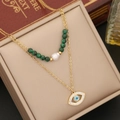 Double-layer gold necklace with green malachite beads, pearl, and evil eye pendant charm - Evil Eye Style (2#Eye)