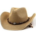 Khaki straw cowboy hat featuring woven leather band with evil eye pendant and chin strap - M(56-58cm) / Khaki