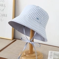 Blue and white gingham bucket hat for women with a dainty ribbon chin strap - M (56-58cm) / Blue White Plaid