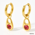 Gold round huggie earrings with irregular teardrop charms and red zircon stone - Gold With Red Zirconia (KDE763)