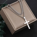Detailed close-up of double-layer stainless steel Cuban chain with a cross pendant - 22C10135-Silver Set