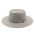 Detailed texture of gray straw boater hat with sequined band and gold M logo - M (56-58cm) / Gray