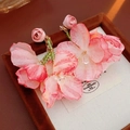 Detail of floral earrings with pink fabric petals and elegant green bead tassels - Silver Earring Post - Pink