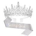 Silver Birthday Queen sash with holographic text and rhinestone tiara set - Holographic Font Queen (Italic) Silver Set