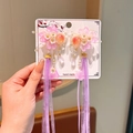 Pink hanfu hair clips with orange beads and purple chiffon ribbons for girls - 33# Peach Purple Long Ribbon