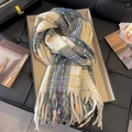 Blue-grey and beige checkered mohair scarf with tassels in a gift box packaging - Starry Night Rice Navy