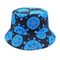 Detailed view of bucket hat with blue mandala patterns and Turkish evil eye motifs - M (56-58cm) / Black