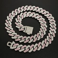 Iced out 14mm silver and pink cuban chain necklace with rhinestone box clasp closure - Medium Clasp Half Pink Silver