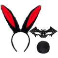 Three-piece bunny set with black red plush ears lace mask and fluffy rabbit tail ball - 3-Piece Set (Headband+Mask+Tail) / Black and Red Long Ear 3-Piece Set