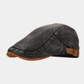 Detail of retro washed denim beret featuring a brown suede brim and adjustable metal buckle - Adjustable / Black