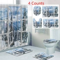 Weihnachten Winter Schneebirge Fensterblick 4-teiliges Badezimmer Duschvorhang-Set - 3-teiliges Badematten-Set / Winter Schneeblick am Fenster