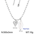 Collar de cuentas plateadas de 3mm con colgante de corazón 3D y perla de forma libre - Plata (KN250850-Z)
