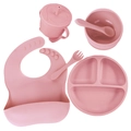 Pink silicone baby feeding set with smiley face plate, bib, cup, spoon, and fork - 6-Piece All-Silicone Set / Pink