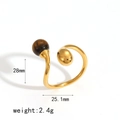 Detail view of gold stainless steel ring with brown tiger eye stone and dimensions 28x25.1mm - Tiger Eye Open Ring Style (TR4385-TG)