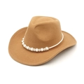 Detail view of khaki felt western cowboy hat featuring floral pearl embellishments - M (56-58cm) / Camel