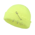 Detail of neon yellow knit beanie featuring silver safety pin and metal rings accessories - One Size / Neon Green