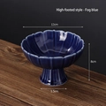 Fog blue ceramic petal serving bowl with pedestal base and cracked ice glaze finish - Qingfeng High Foot-Mist Blue