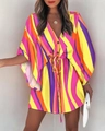 Colorful striped V-neck summer dress with flutter sleeves and drawstring waist - S / Striped