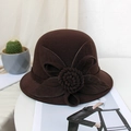Close-up of dark brown wool fedora with 3D floral accent on a clean white surface - M (56-58cm) / Dark Coffee