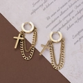 Gold titanium steel hoop earrings with cross pendant and double chain detail for women - Cross Chain (ER-26)