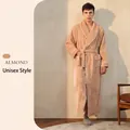 Almond plush flannel long bathrobe with white piping and belted waist for men and women - Almond (Men)
