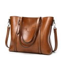Minimalist brown oil-wax leather tote bag with top handles and adjustable strap - Brown