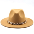 Detailed texture of camel wool felt fedora hat featuring a chunky gold metal chain - Camel