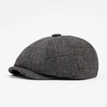 Donkergrijze newsboy pet met visgraatpatroon en oranje ruitjes van wolmix - Lichtgrijs