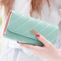 Mint green trifold wallet for women with gold crown and quilted diamond pattern detail - Pale Blue