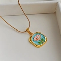 Vintage gold necklace with blue floral enamel square pendant and natural pearl detail - Lotus Pearl-Blue 0360L