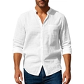 Detailed close-up of a white linen shirt featuring a mandarin collar and chest pocket detail - S / White