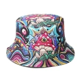Detailed view of colorful psychedelic mushroom print on a stylish cotton bucket hat - M (56-58cm) / Psychedelic Mushroom Pink Blue (A)
