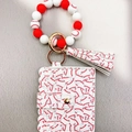 Baseball pattern PU leather card holder wallet with red and white silicone bead keychain - Baseball Red White (05)